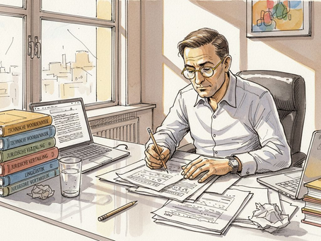 Een ervaren vertaler legt twee documenten naast elkaar en vergelijkt ze aandachtig in een lichte, overzichtelijke kantoorruimte.