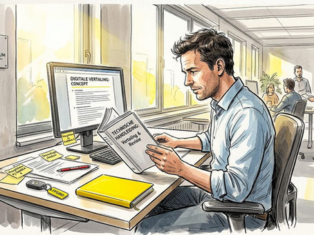 Een professional controleert de vertaling van een technische handleiding op kantoor.