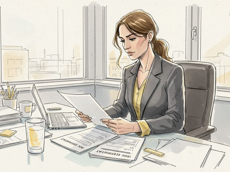 Ein Compliance-Manager prüft klinische Übersetzungsunterlagen auf ihre Einhaltung gesetzlicher Vorgaben.