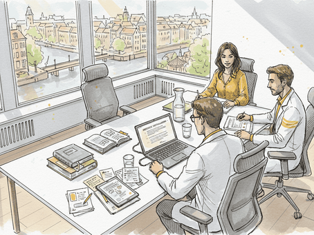 Het medisch vertaalteam buigt zich samen over de documenten op kantoor.