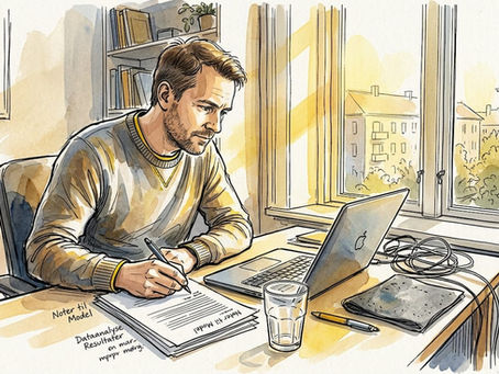 En AI-ekspert sidder ved sit skrivebord og arbejder med forskellige papirer.