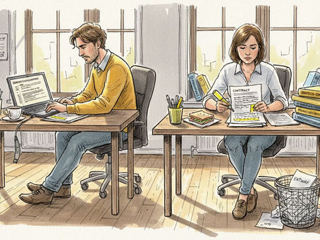 Zwei Übersetzer sitzen an ihren vollgepackten Schreibtischen in einem hellen Büro und arbeiten konzentriert.