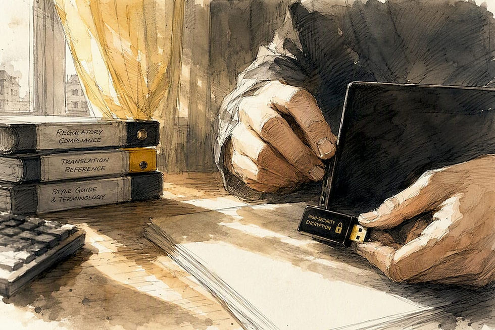 Hands connecting encryption device in a compliance office for secure EU data residency