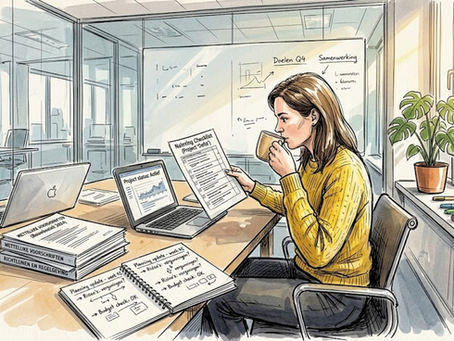 In zijn kantoor loopt de projectmanager de vertaaldocumenten zorgvuldig na.