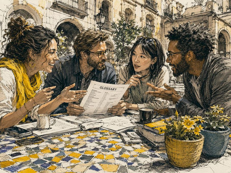 In einem lebhaften Coworking-Space tauscht sich das Team angeregt über die Begriffe des firmeneigenen Glossars aus.