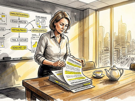 De compliance manager neemt aan zijn bureau de vertaalde contracten nauwkeurig door.