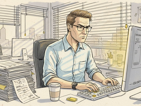 En översättare sitter vid skrivbordet och går igenom teknisk dokumentation.