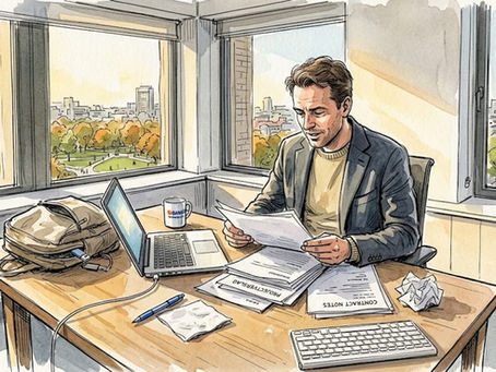 Man verdiept zich in papieren in een hoekbureau