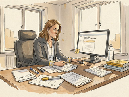 Projektledaren går igenom översättningsdokument vid sitt skrivbord.