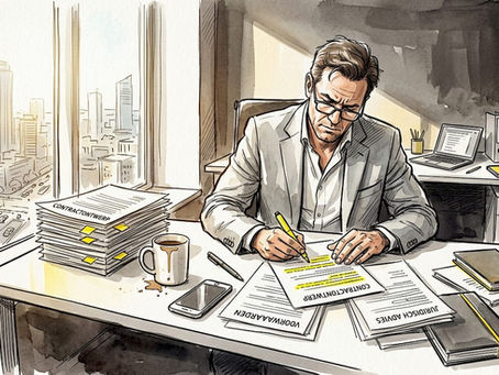 Op kantoor buigt een jurist zich over het opstellen en controleren van contracten.