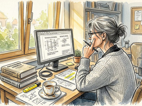 Eine Frau arbeitet im Homeoffice und überprüft dabei technische Unterlagen an ihrem Schreibtisch.