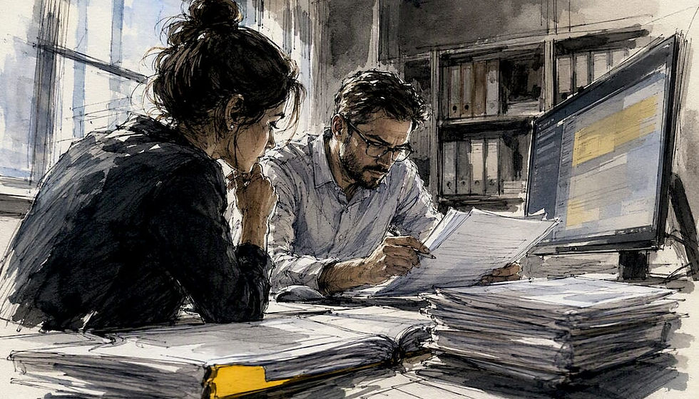 Compliance specialists reviewing translated tender records