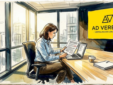 De manager kijkt op kantoor de vertaalde documenten na aan zijn bureau.