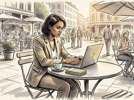 Kvinne jobber på laptop på en hyggelig kafé med fleksible arbeidsplasser