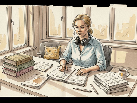 Språkexpert granskar översättningar i ett soligt kontor