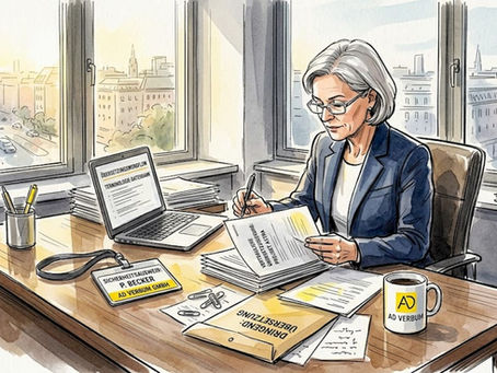 Eine Führungskraft prüft Übersetzungsunterlagen in ihrem Büro.