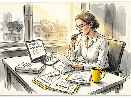 Der Projektleiter prüft im Büro die Zertifizierungsunterlagen.