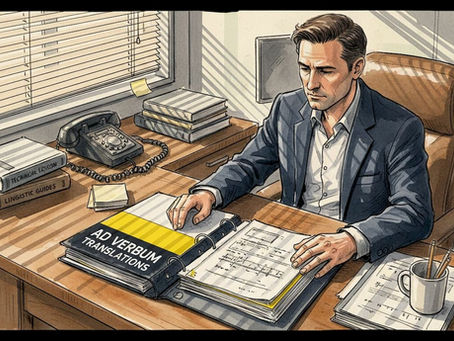 Translation specialist reviews official documents at desk