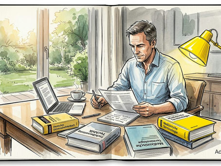 Als Übersetzer arbeite ich im heimischen Büro, umgeben von einem Meer aus Büchern.