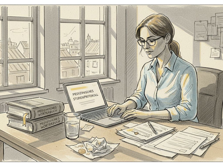 Eine medizinische Fachübersetzerin bearbeitet Fachtexte und Unterlagen am Schreibtisch im Büro.