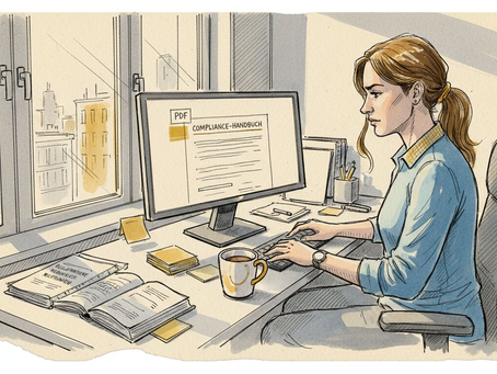 Ein Übersetzer arbeitet konzentriert an seinem Schreibtisch in einem hellen, freundlichen Büro.