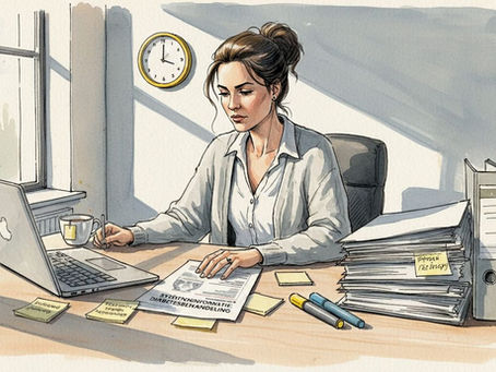 Een medisch vertaler die zorgvuldig een papieren document controleert.