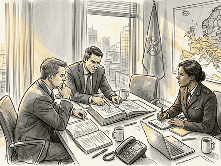 Team reviewing NATO defense documents in office