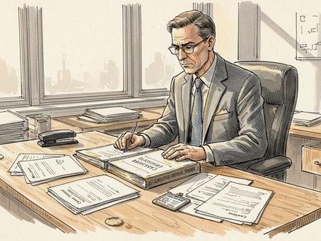 Manager reviewing defense tender documents in office