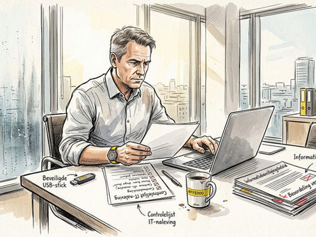 Een compliance manager loopt de checklist voor gegevensbeveiliging zorgvuldig na.