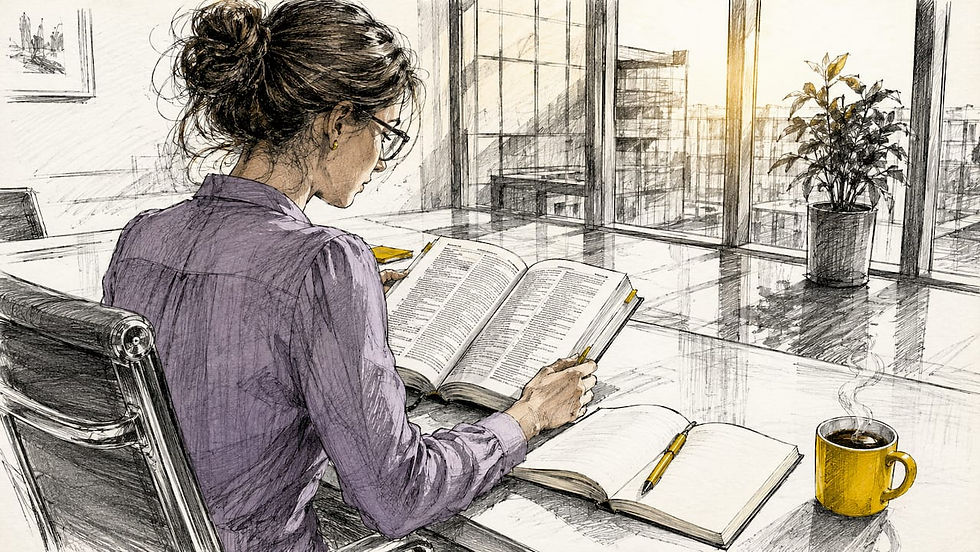 Reviewing ISO certification documentation in an office