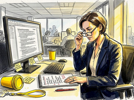 Compliance officer reviewing dual-use paperwork at desk
