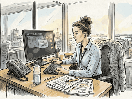 En kvinna granskar krypterade filer på en översättningsbyrå.