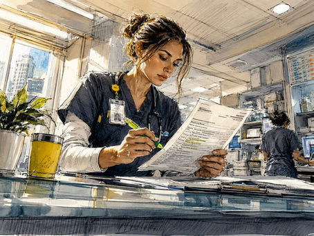 En hälsoexpert går noggrant igenom medicinska journaler på sitt kontor på sjukhuset.