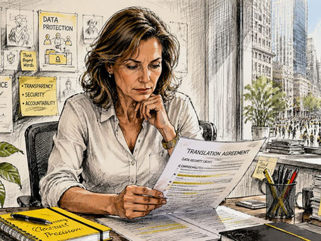 Een compliance officer controleert of de gegevensbeveiliging bij vertalingen op orde is.