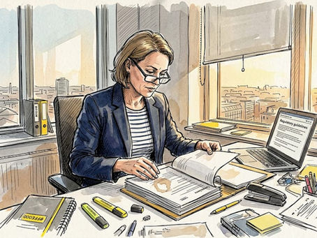 En kvinde gennemgår compliance-dokumenter ved sit skrivebord på kontoret.