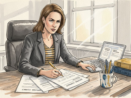 Een juridisch vertaler buigt zich over documenten op kantoor om ze grondig te controleren.