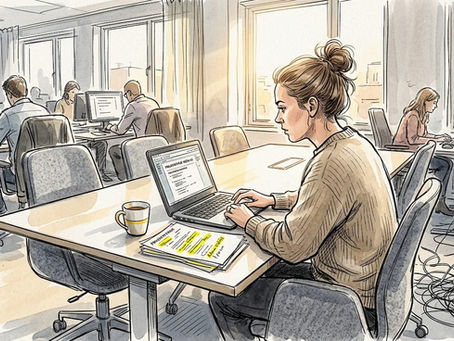 En kvinna sitter och jobbar vid sin laptop på ett öppet kontor.