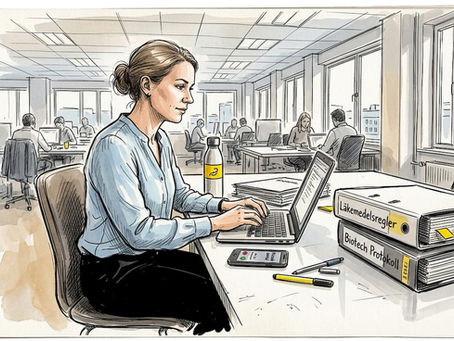 En chef går igenom viktiga dokument på sitt kontor inom bioteknikbranschen.