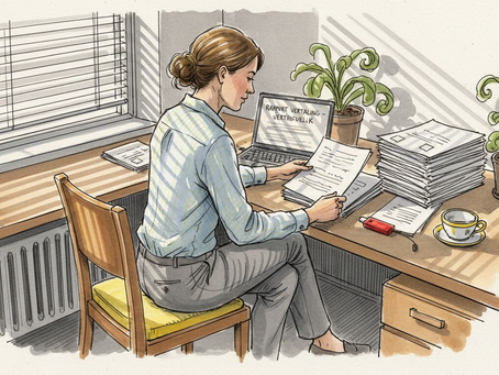 Een vertaler kijkt documenten na in een zonnig kantoor.