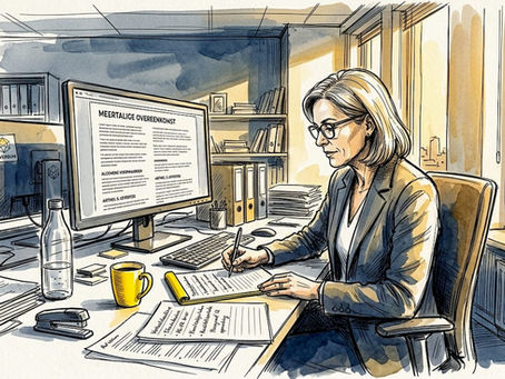 Een manager bekijkt op kantoor diverse documenten in verschillende talen.