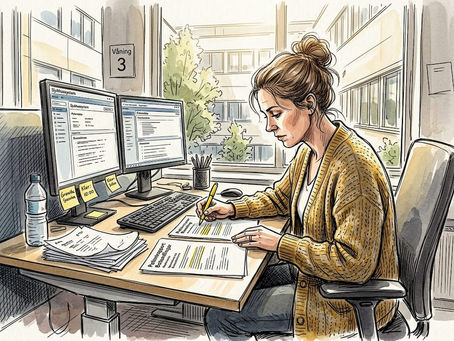 En medicinsk facköversättare sitter på sitt kontor och går noggrant igenom dokument vid skrivbordet.