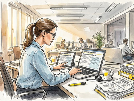 Geschäftsfrau arbeitet am Schreibtisch und nutzt digitale Übersetzungshilfen.