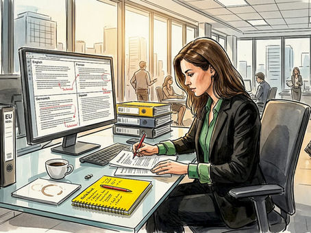 Professional reviewing compliance translations in bright office