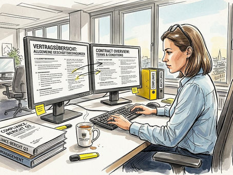 Ein Compliance-Beauftragter prüft am Schreibtisch sorgfältig Übersetzungsunterlagen.