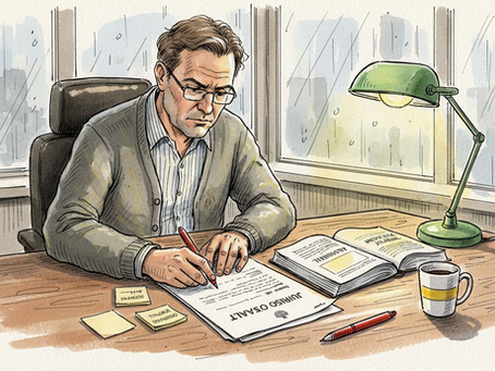 En erfaren översättare går noggrant igenom tekniska dokument vid sitt skrivbord.