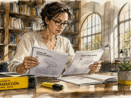 Translator reviewing bilingual medical manual