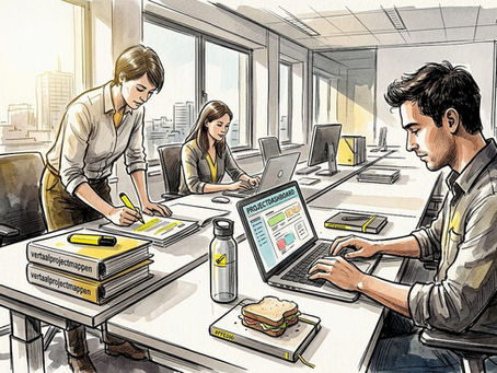 Een team werkt samen aan een vertaalproject in een lichte, moderne kantoorruimte.