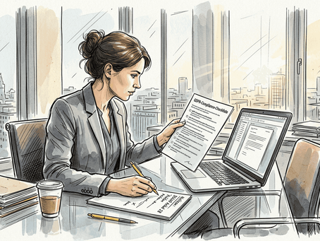 Eine Fachkraft für Übersetzungen prüft im Büro eine DSGVO-Checkliste.