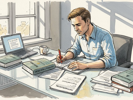 Medicinsk oversætter omgivet af bunker af papirer ved et rodet skrivebord