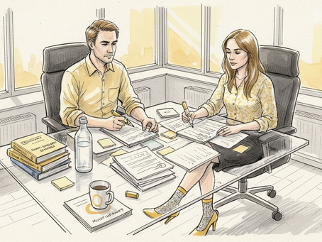 Käännöstiimi tarkistaa ja käy läpi teknisiä asiakirjoja yhdessä.